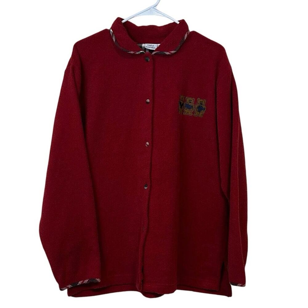 Simple Pleasures Red Fleece Button-Up Shirt Size L Embroidered Teddy Bears